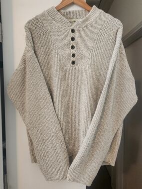 Vintage Eddie Bauer 1/4 Button Sweater Men Large Beige Loose Knit Pullover Khaki